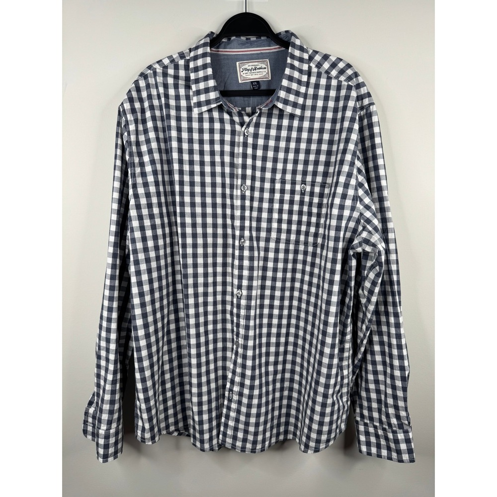 Flag & Anthem Men's XXL Gray White Navy Gingham Button Up Shirt 100% Cotton NWT